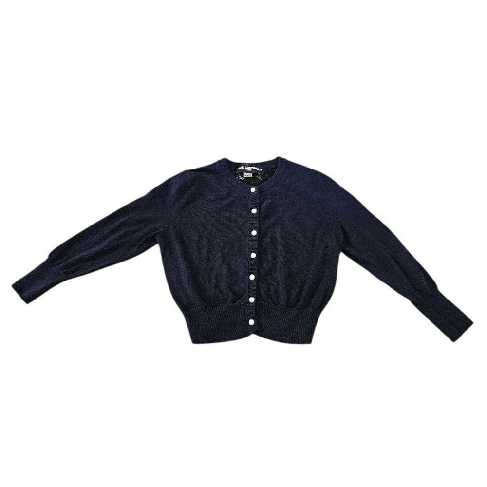 Karl Lagerfeld Paris Navy Lace Back Pearl Button Cardigan Sweater XS